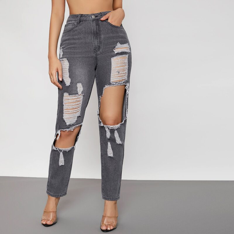

High Waist Ripped Detail Mom Jeans, Black