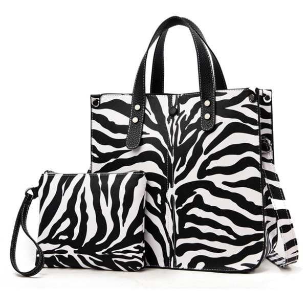 

Zebra Striped Pattern Top Handle Bag With Clutch, Black and white