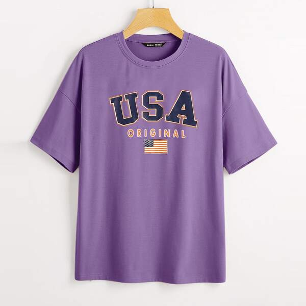 

Letter & American Flag Print Tee, Violet purple