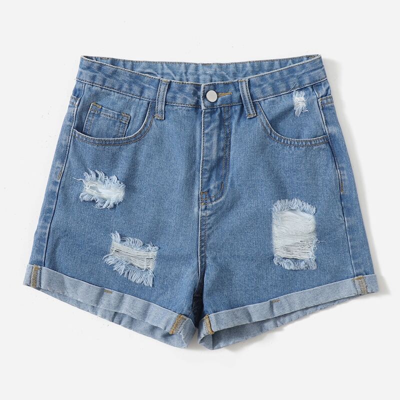 

Floral Embroidery Cuffed Denim Shorts, Medium wash