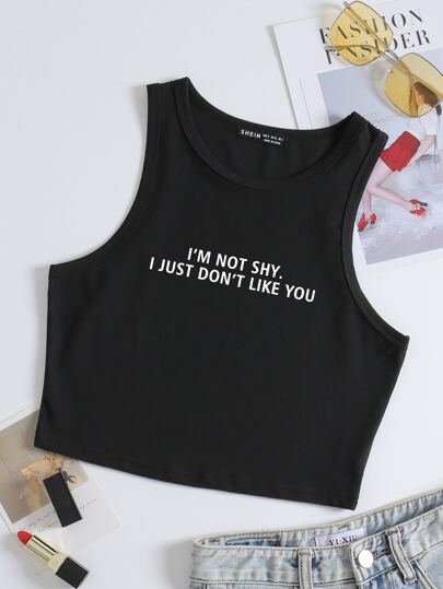 Canottiera oversize con slogan grafico, "NON SONO TIMIDA, SEMPLICEMENTE NON MI PIACI', top estivo da donna