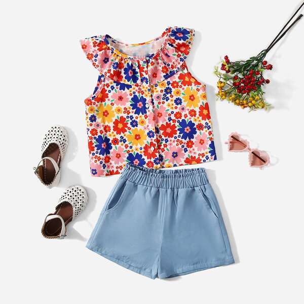 

Toddler Girls Floral Ruffle Sleeveless Blouse & Shorts, Multicolor