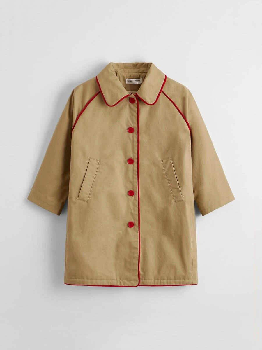 SHEIN Toddler Girls Contrast Binding Raglan Sleeve Coat - Khaki - View 1
