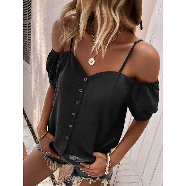 

Button Through Cold Shoulder Blouse, Black