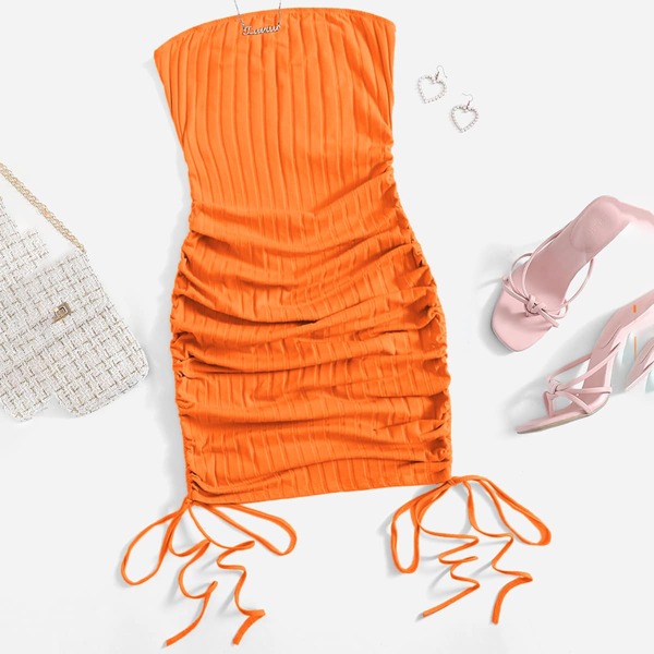 

Neon Orange Drawstring Ruched Bodycon Dress