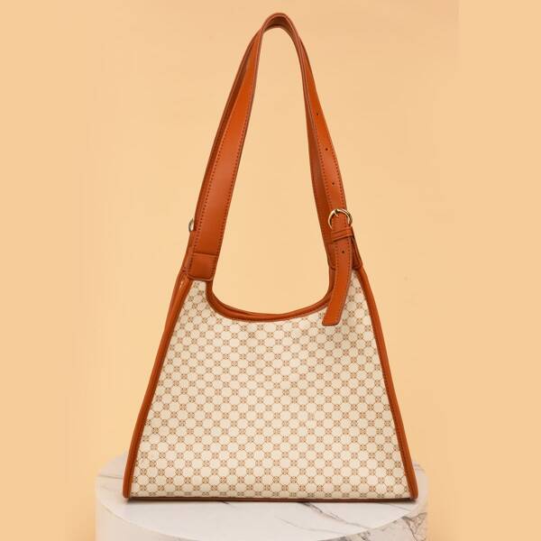 

Graphic Print Buckle Decor Shoulder Tote Bag, Beige