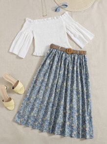 Seusyu 露肩打褶荷葉袖上衣和花卉圖案腰帶半身裙