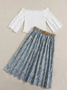 Seusyu 露肩打褶荷葉袖上衣和花卉圖案腰帶半身裙