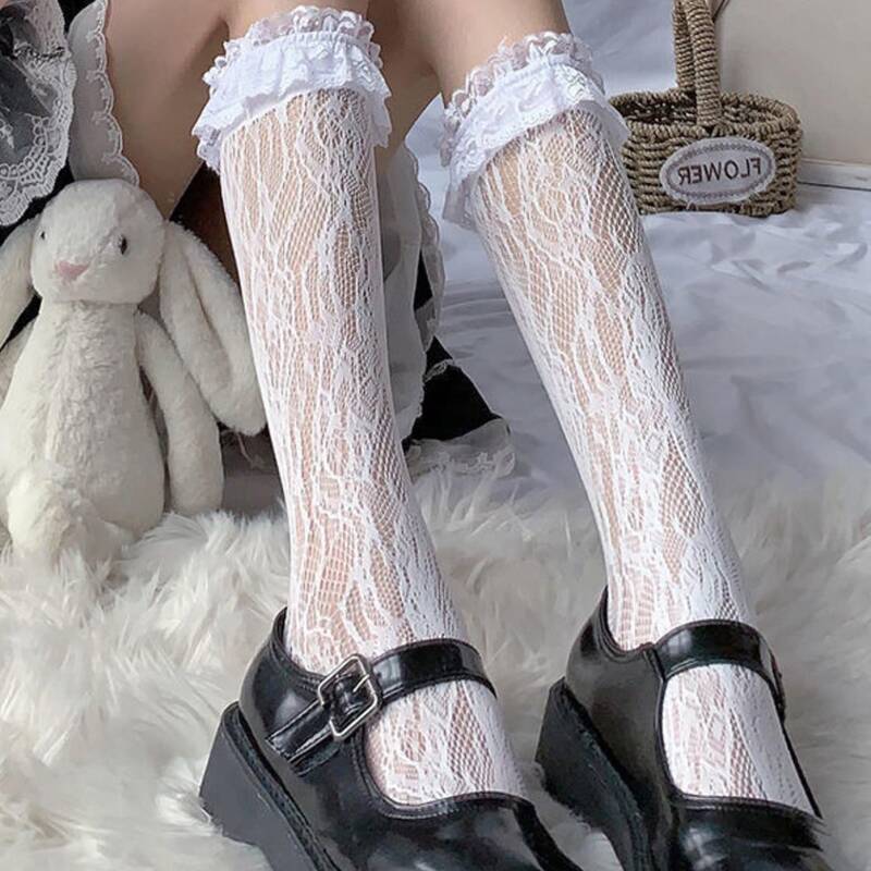 

Contrast Lace Over The Calf Socks, White