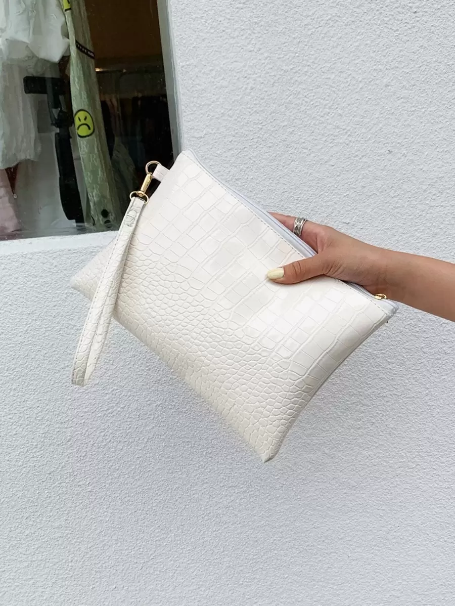 Bolso De Embrague Minimalista Con Diseño De Piel De Cocodrilo Grabado - Blanco - Ver 1