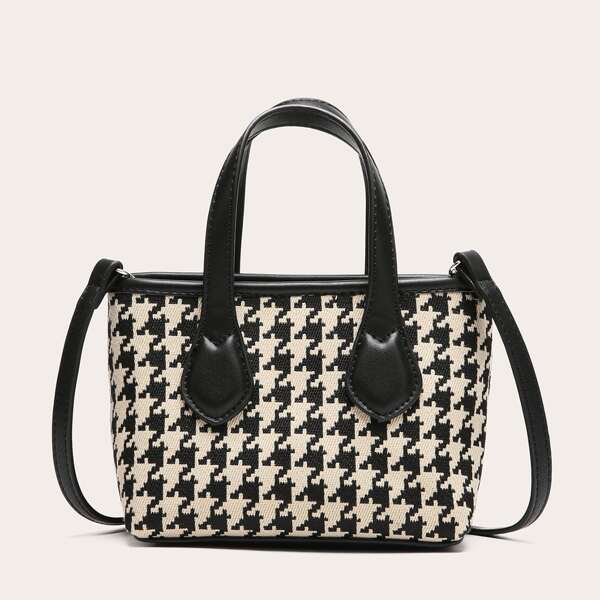 

Houndstooth Pattern Satchel Bag, Black and white