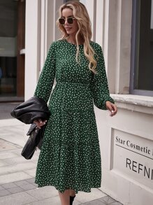 Ditsy Floral Midi Dress - Green - View 3
