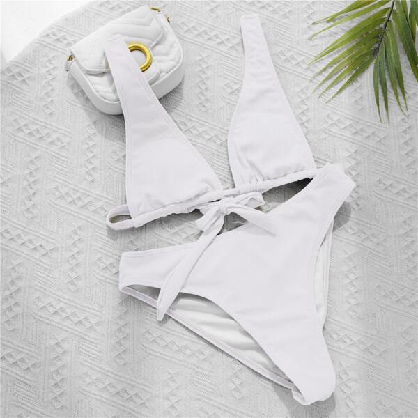 

Rib Tie Back Bikini Swimsuit, White