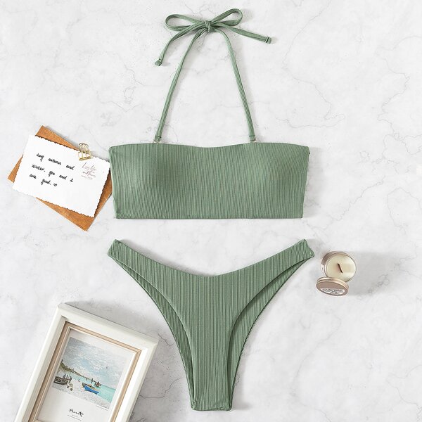 

Solid Bandeau High Cut Bikini Swimsuit, Army green