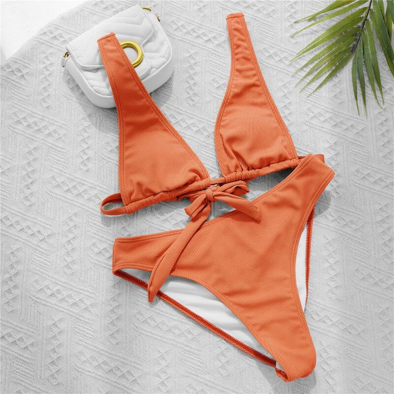 

Rib Ruched Back Bikini Swimsuit, Orange