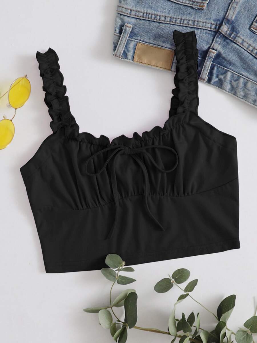 SHEIN Qutie Top de pecho fruncido con cordón delantero ribete fruncido - Negro - Ver 1