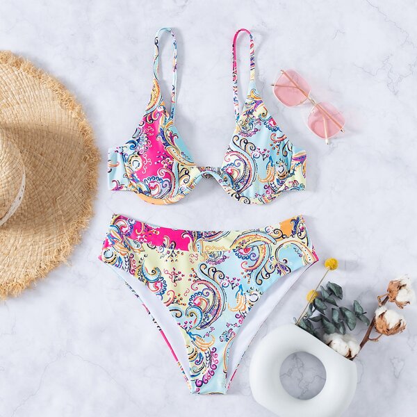 

Paisley Print Underwire Bikini Swimsuit, Multicolor