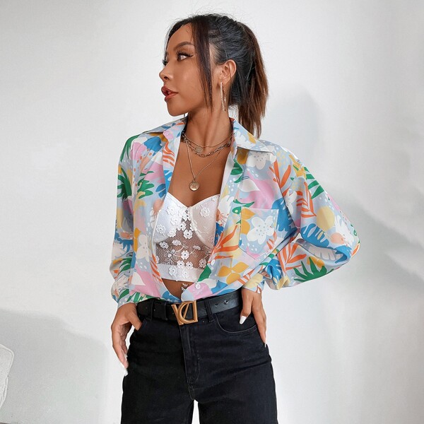 

Allover Plants Print Pocket Blouse, Multicolor
