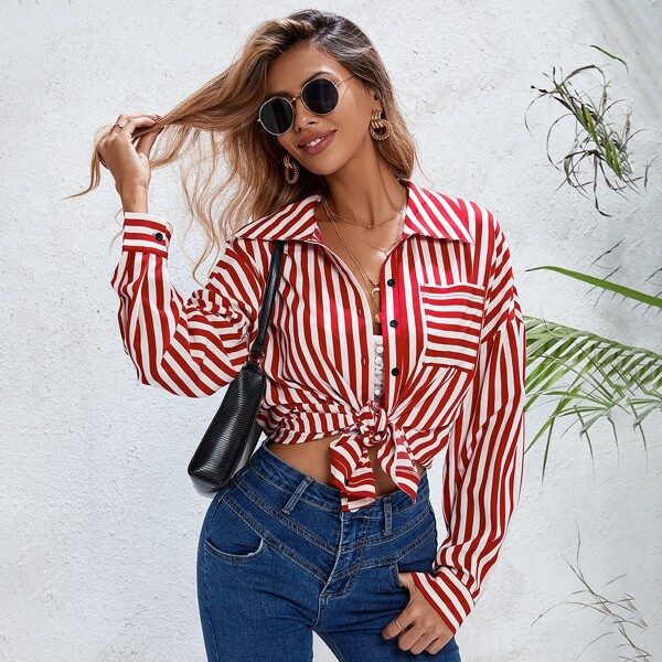 

Striped Pocket Blouse, Red and white