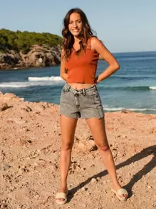 SHEIN Unity Knit ngọn Nhẫn màu trơn Giải trí - Màu Cam cháy - Xem 3