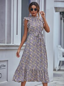 SHEIN LUNE Floral Print Belted Ruffle Trim Dress - Multicolor - View 1
