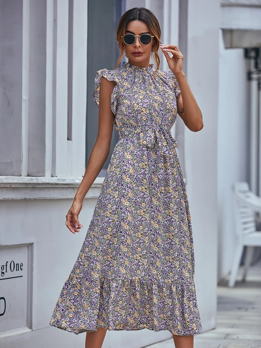 SHEIN LUNE Floral Print Belted Ruffle Trim Dress - Multicolor - View 1