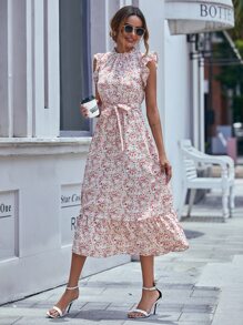 SHEIN LUNE 印花腰帶荷葉邊連衣裙 - 彩色 - 查看 3
