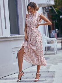 SHEIN LUNE 印花腰帶荷葉邊連衣裙 - 彩色 - 查看 4
