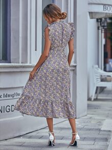 SHEIN LUNE Floral Print Belted Ruffle Trim Dress - Multicolor - View 2