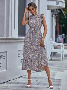 SHEIN LUNE Floral Print Belted Ruffle Trim Dress - Multicolor - View 4