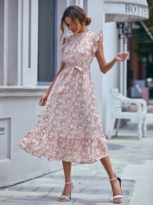 SHEIN LUNE 印花腰帶荷葉邊連衣裙 - 彩色 - 查看 6