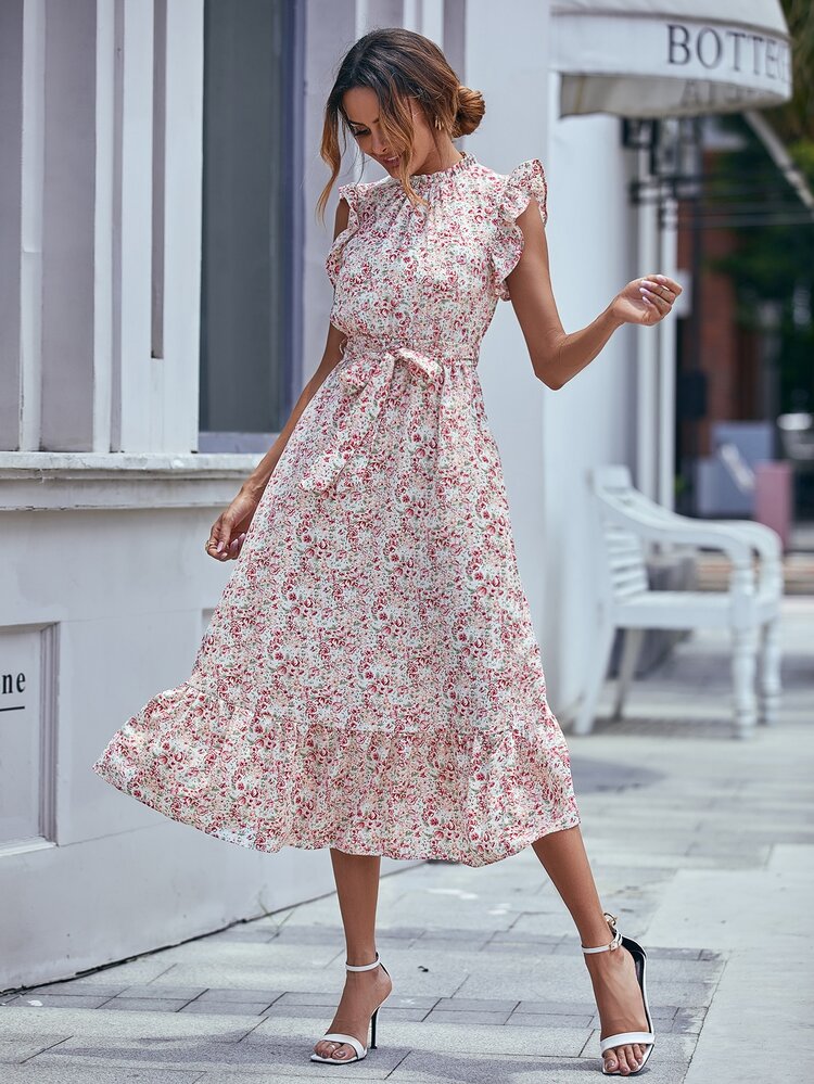 SHEIN LUNE Floral Print Belted Ruffle Trim Dress - Multicolor - View 6