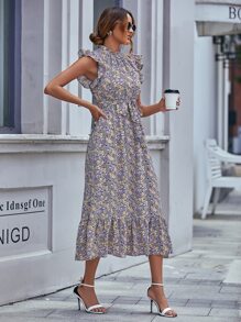SHEIN LUNE Floral Print Belted Ruffle Trim Dress - Multicolor - View 5