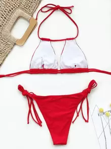 SHEIN Swim Bộ bikini gợi cảm hở lưng 2 mảnh màu trơn gợi cảm cho nữ, kỳ nghỉ bãi biển mùa hè 2025 - Đỏ - Xem 2