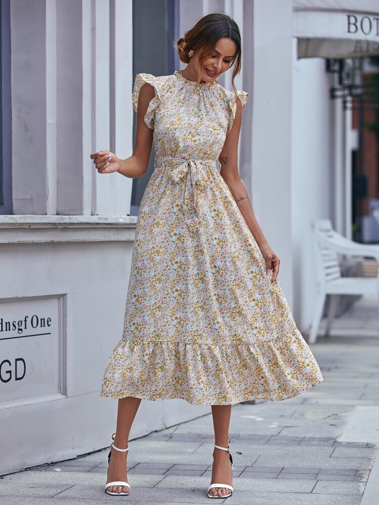 SHEIN LUNE Floral Print Belted Ruffle Trim Dress - Multicolor - View 3