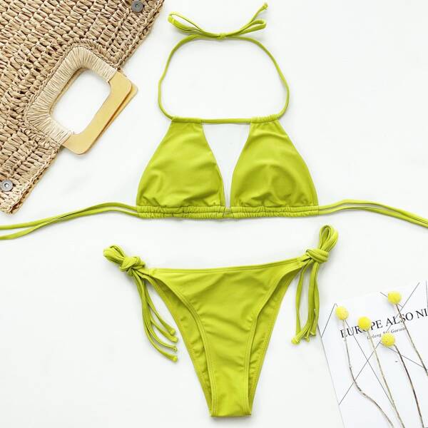 

Halter Triangle Tie Side Bikini Swimsuit, Lime green