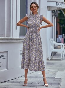 SHEIN LUNE Floral Print Belted Ruffle Trim Dress - Multicolor - View 6