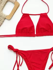 SHEIN Swim Bộ bikini gợi cảm hở lưng 2 mảnh màu trơn gợi cảm cho nữ, kỳ nghỉ bãi biển mùa hè 2025 - Đỏ - Xem 3