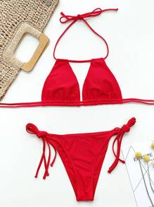 SHEIN Swim Bộ bikini gợi cảm hở lưng 2 mảnh màu trơn gợi cảm cho nữ, kỳ nghỉ bãi biển mùa hè 2025 - Đỏ - Xem 4