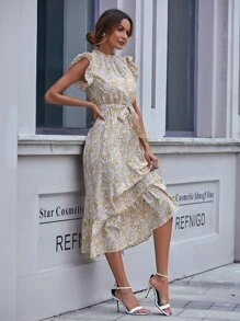 SHEIN LUNE 印花腰帶荷葉邊連衣裙 - 彩色 - 查看 4