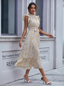 SHEIN LUNE 印花腰帶荷葉邊連衣裙 - 彩色 - 查看 5