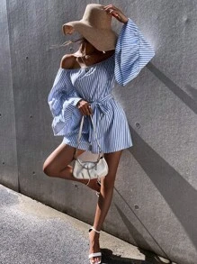 Vertical Stripe Off Shoulder Flounce Sleeve Belted Romper - Blue and White - View 1