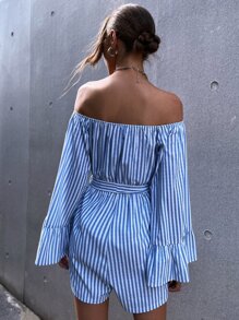 Vertical Stripe Off Shoulder Flounce Sleeve Belted Romper - Blue and White - View 2