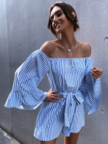 Vertical Stripe Off Shoulder Flounce Sleeve Belted Romper - Blue and White - View 3