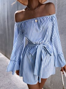 Vertical Stripe Off Shoulder Flounce Sleeve Belted Romper - Blue and White - View 4
