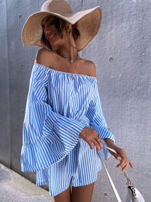 Vertical Stripe Off Shoulder Flounce Sleeve Belted Romper - Blue and White - View 5
