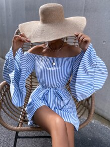 Vertical Stripe Off Shoulder Flounce Sleeve Belted Romper - Blue and White - View 6