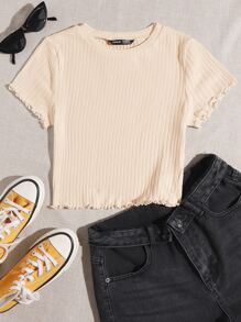 SHEIN Qutie Solid Lettuce Trim Rib-knit Tee - Beige - View 1