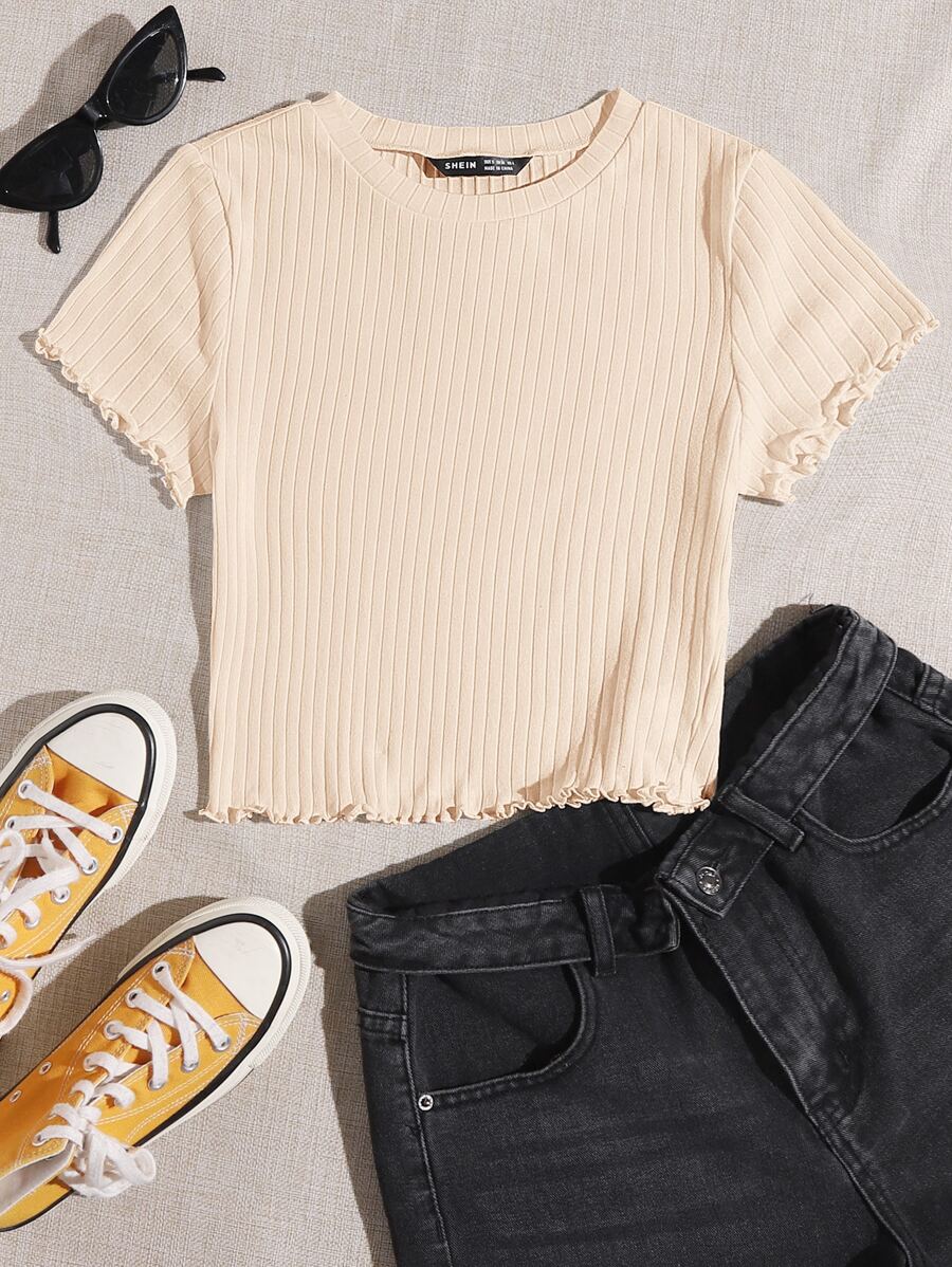 SHEIN Qutie Solid Lettuce Trim Rib-knit Tee - Beige - View 1
