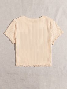 SHEIN Qutie Solid Lettuce Trim Rib-knit Tee - Beige - View 2